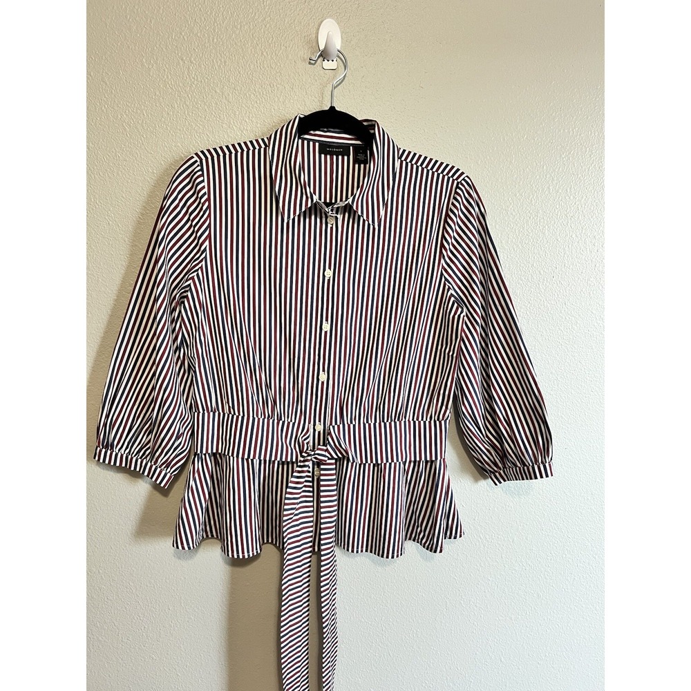 Halogen Women's Blouse Size Small S Red White Blue Striped Button Up